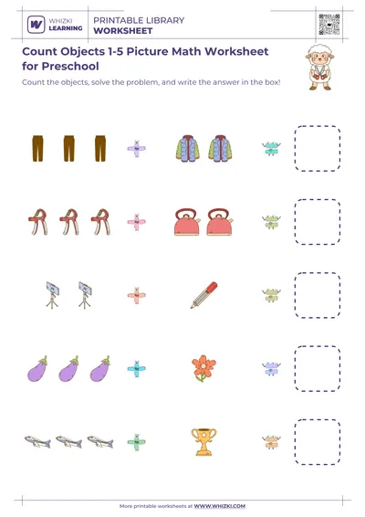 Count Objects 1-5 Picture Math Worksheet for Preschool