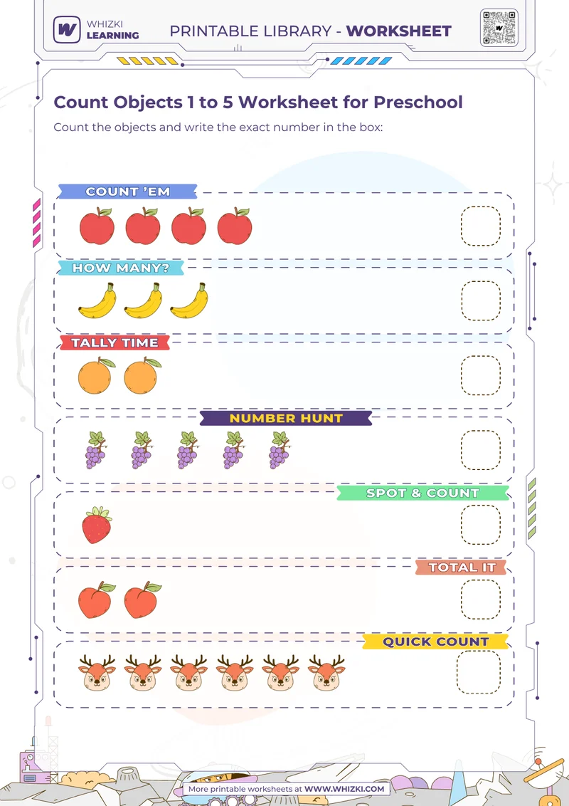 Count Objects 1 to 5 Worksheet for Preschool