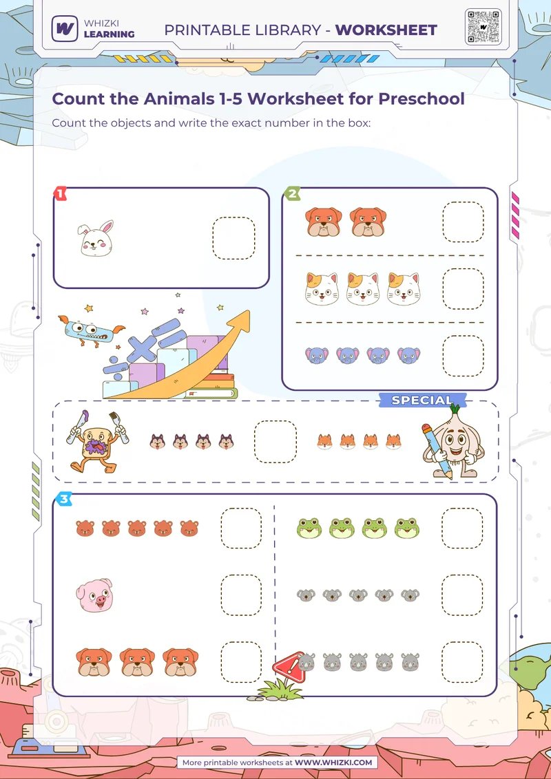 Count the Animals 1-5 Worksheet for Preschool