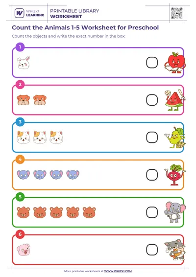 Count the Animals 1-5 Worksheet for Preschool