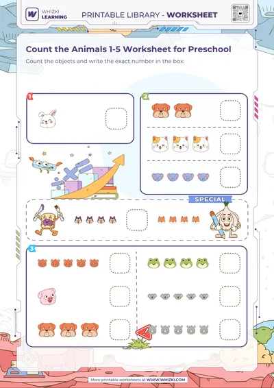 Count the Animals 1-5 Worksheet for Preschool
