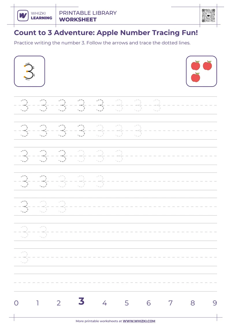 Count to 3 Adventure: Apple Number Tracing Fun!