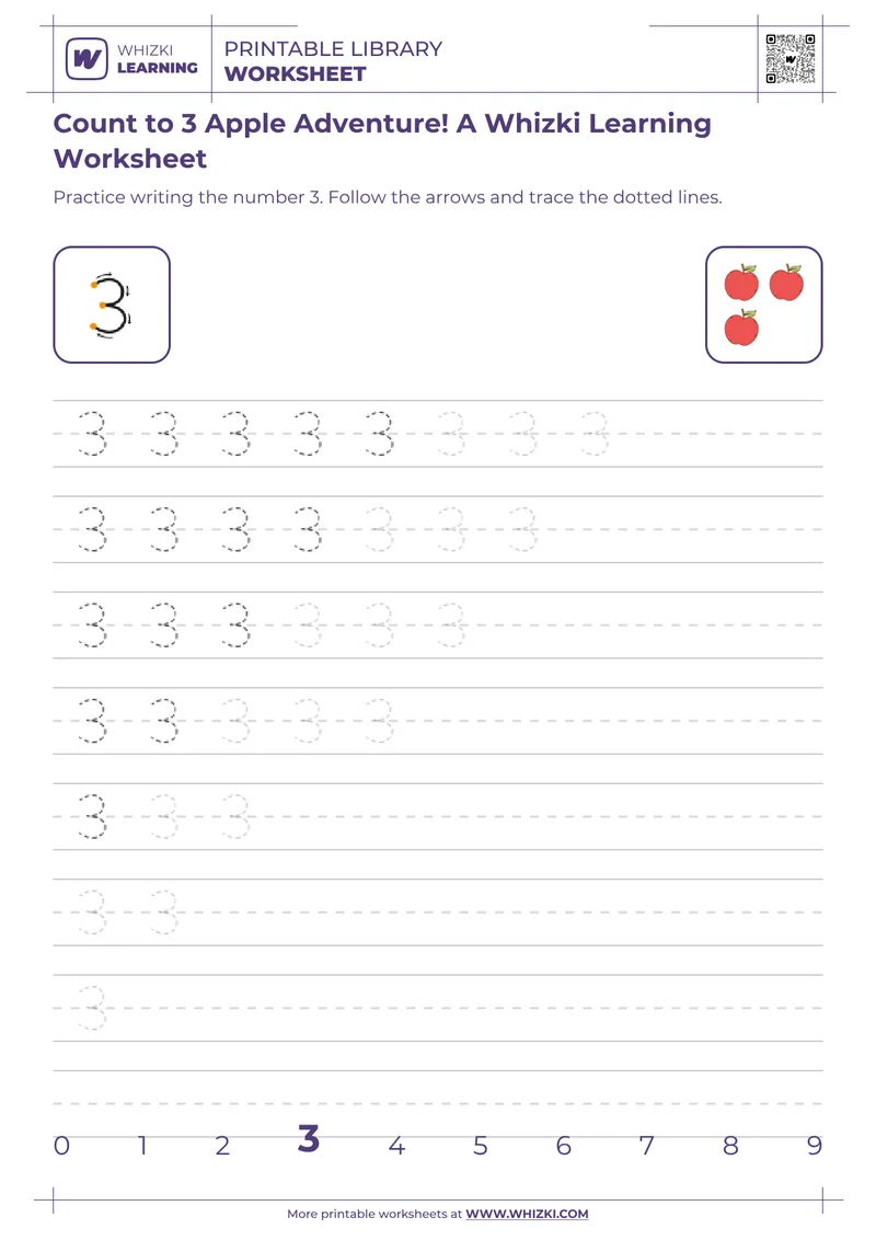 Count to 3 Apple Adventure! A Whizki Learning Worksheet