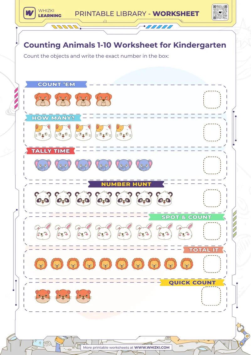 Counting Animals 1-10 Worksheet for Kindergarten