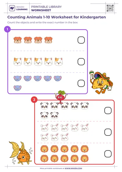 Counting Animals 1-10 Worksheet for Kindergarten