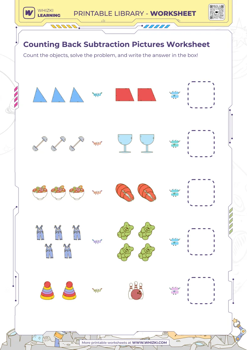 Counting Back Subtraction Pictures Worksheet