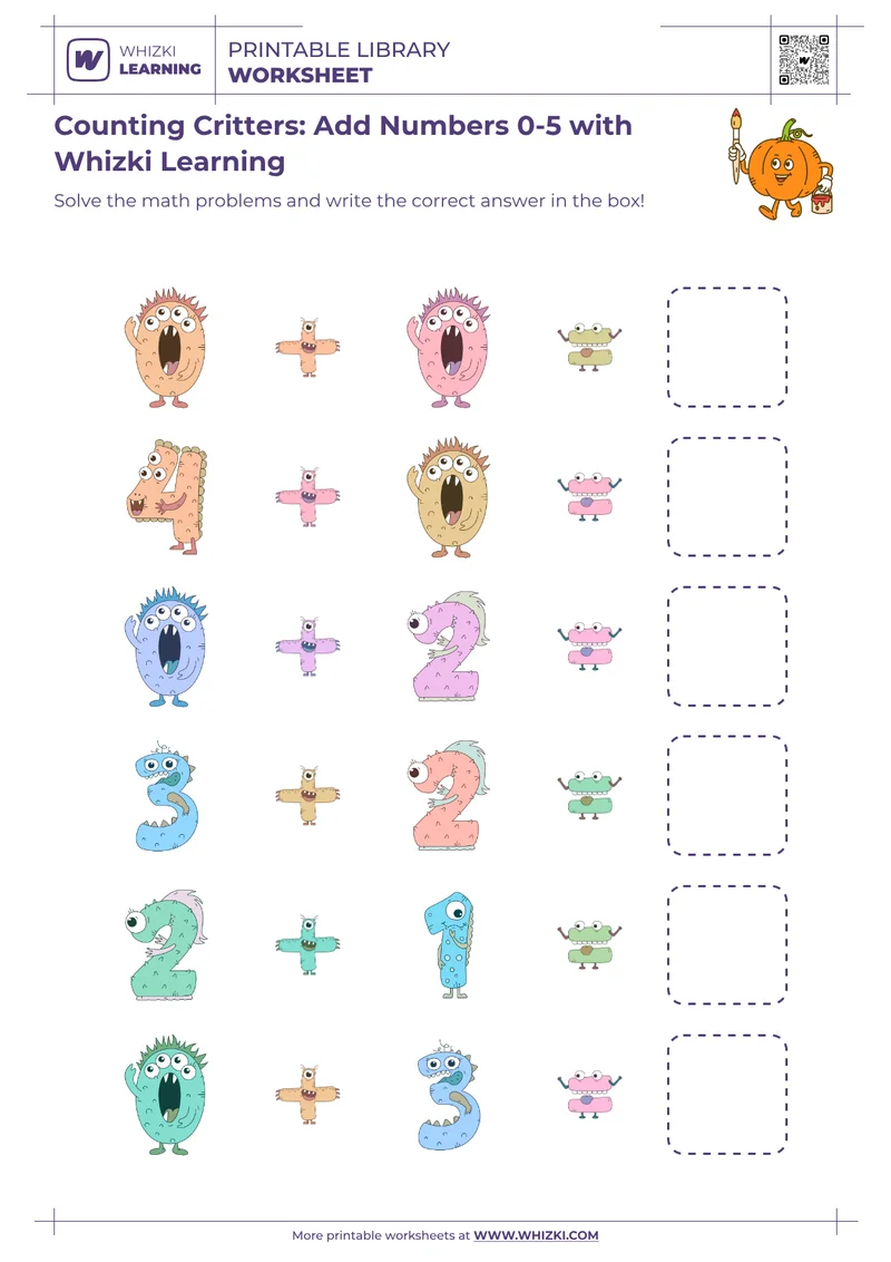 Counting Critters: Add Numbers 0-5 with Whizki Learning