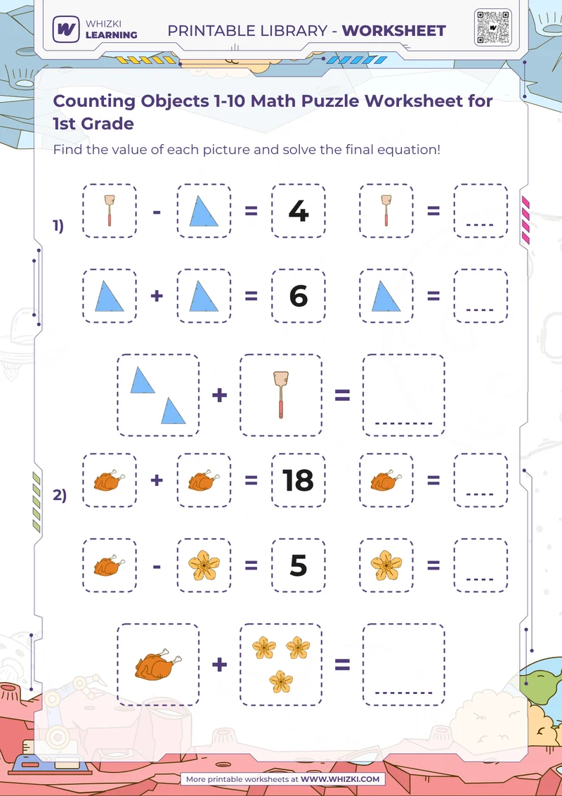 Counting Objects 1-10 Math Puzzle Worksheet for 1st Grade