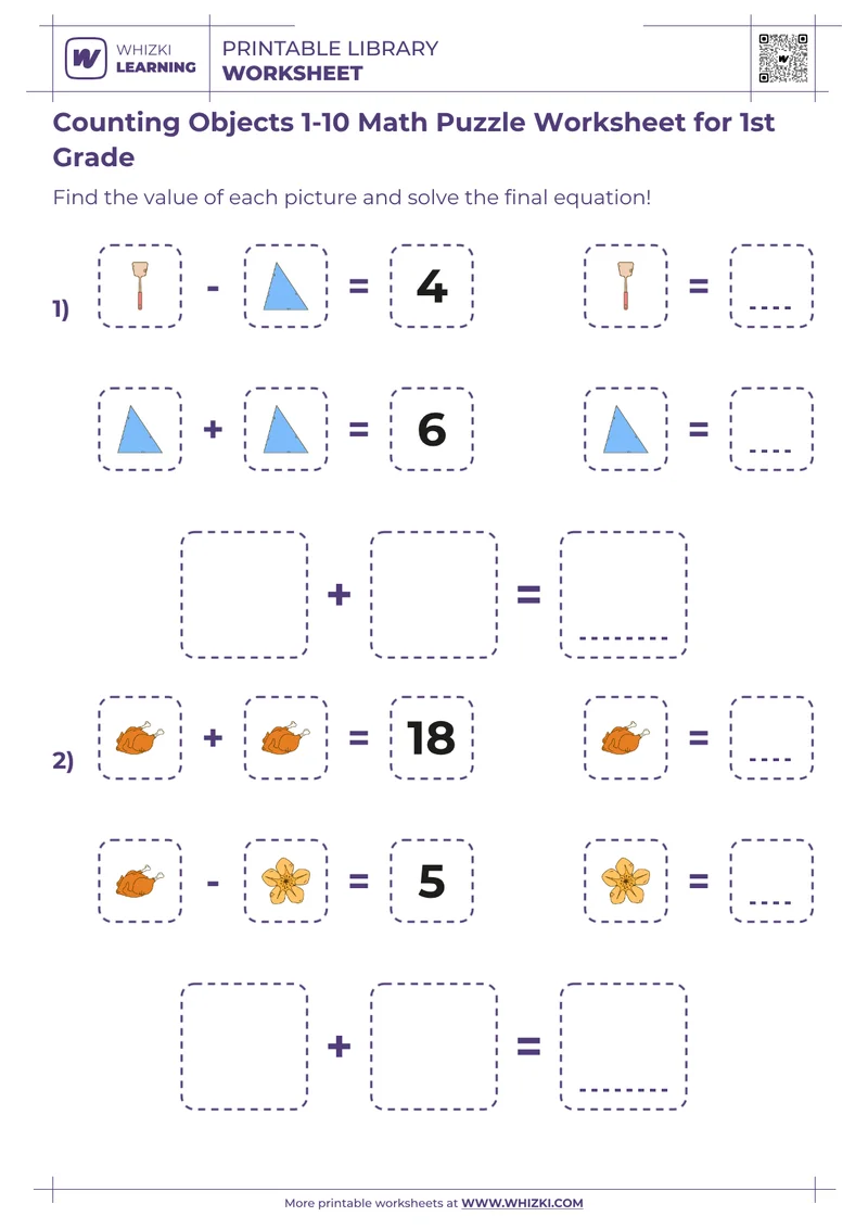 Counting Objects 1-10 Math Puzzle Worksheet for 1st Grade