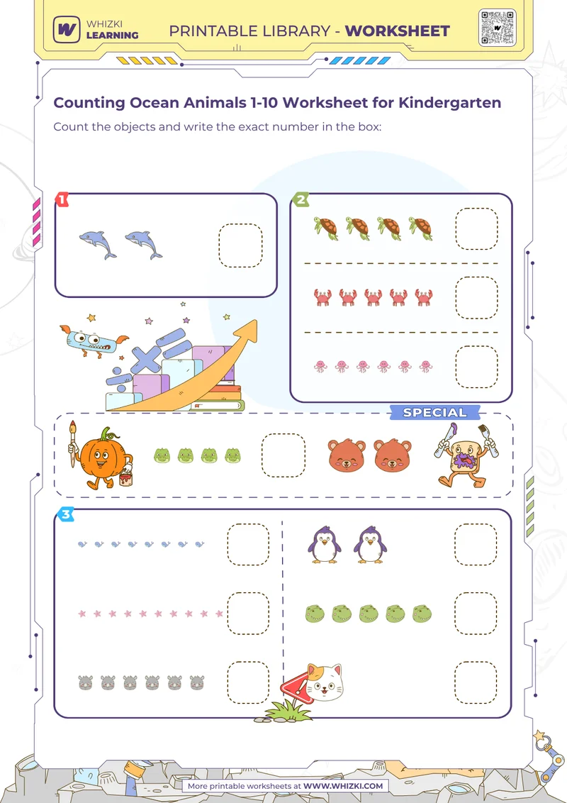 Counting Ocean Animals 1-10 Worksheet for Kindergarten