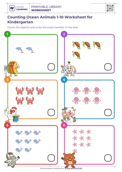 Counting Ocean Animals 1-10 Worksheet for Kindergarten