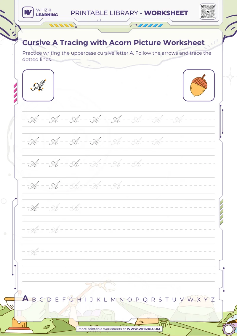Cursive A Tracing with Acorn Picture Worksheet