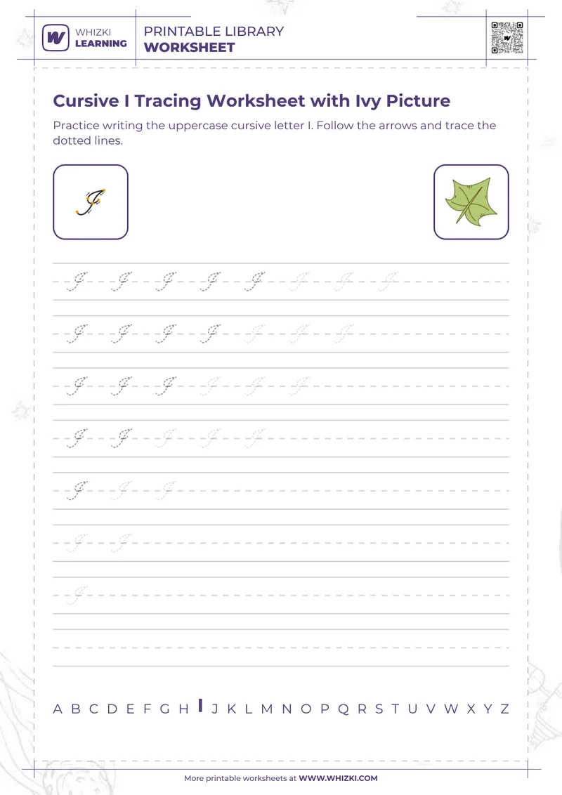 Cursive I Tracing Worksheet with Ivy Picture