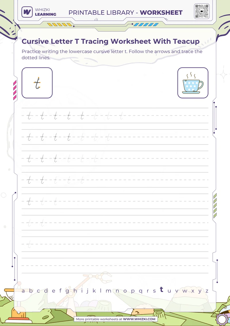 Cursive Letter T Tracing Worksheet With Teacup