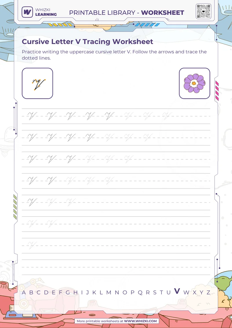 Cursive Letter V Tracing Worksheet
