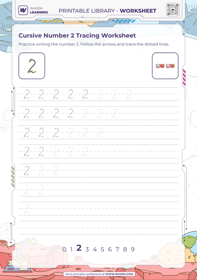 Cursive Number 2 Tracing Worksheet