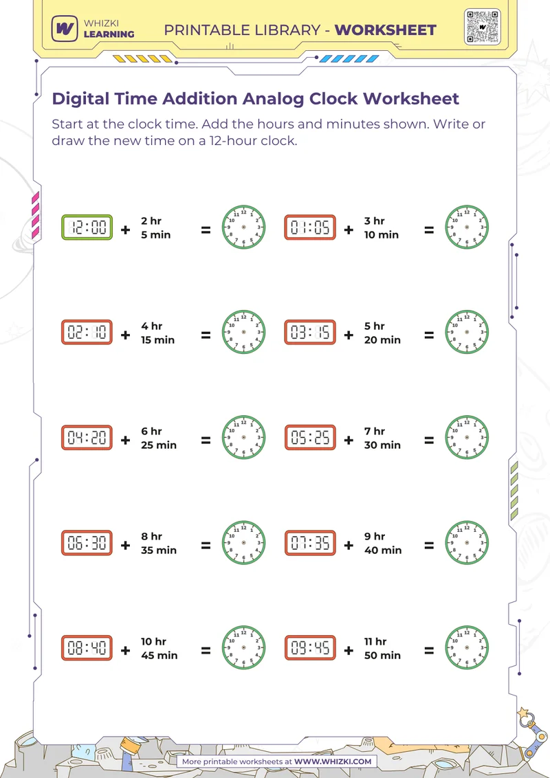 Digital Time Addition Analog Clock Worksheet