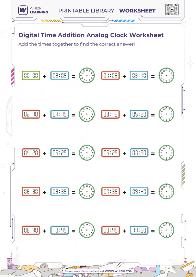 Digital Time Addition Analog Clock Worksheet