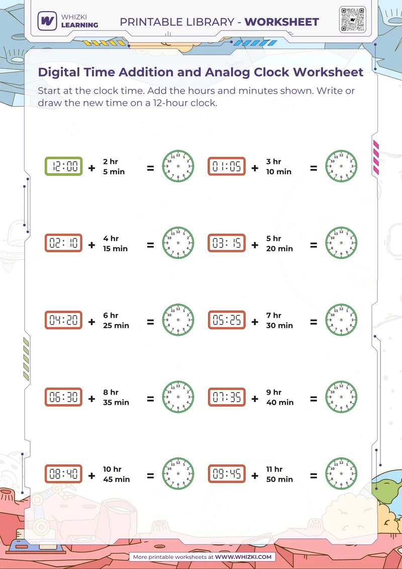 Digital Time Addition and Analog Clock Worksheet