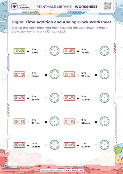 Digital Time Addition and Analog Clock Worksheet