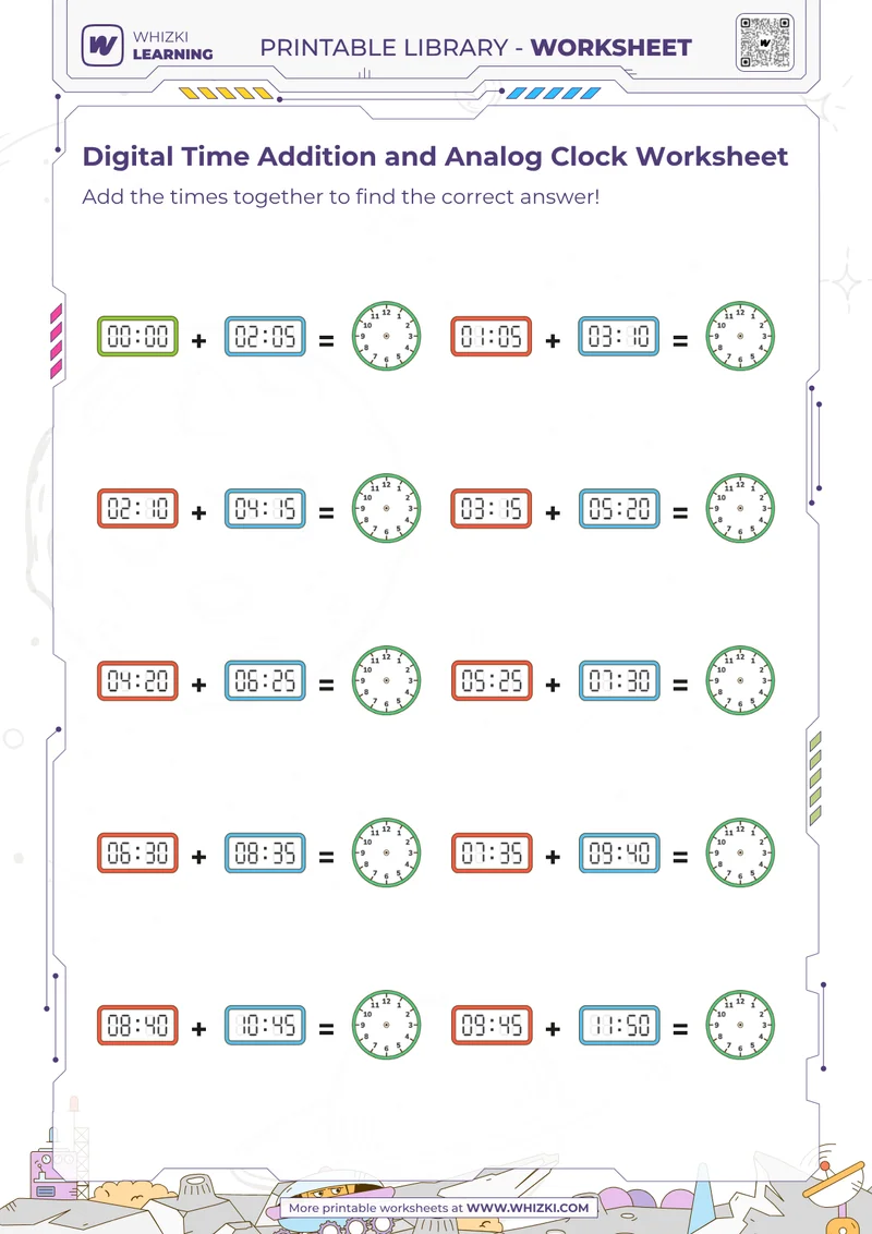 Digital Time Addition and Analog Clock Worksheet