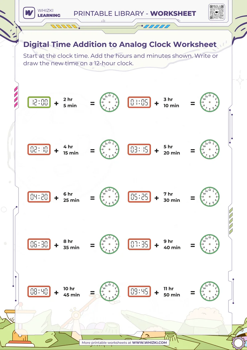 Digital Time Addition to Analog Clock Worksheet