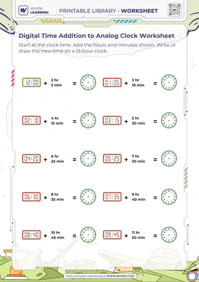 Digital Time Addition to Analog Clock Worksheet
