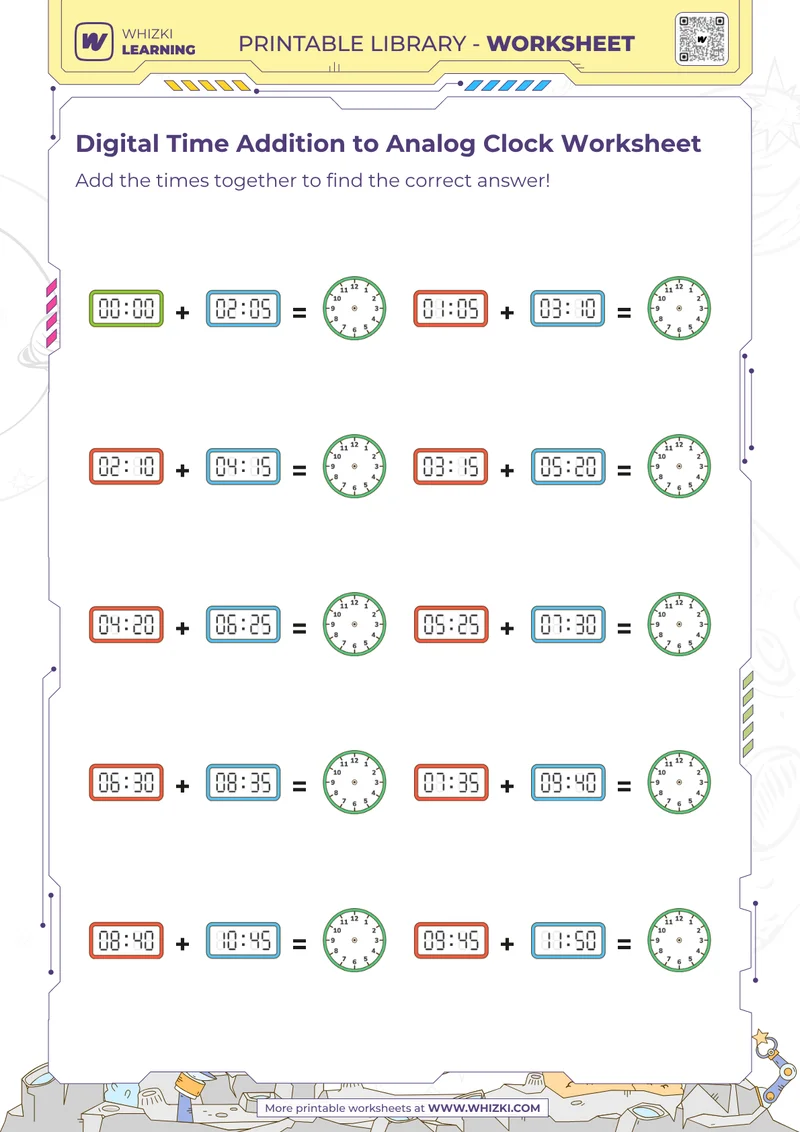 Digital Time Addition to Analog Clock Worksheet