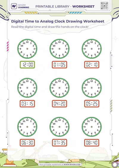 Digital Time to Analog Clock Drawing Worksheet