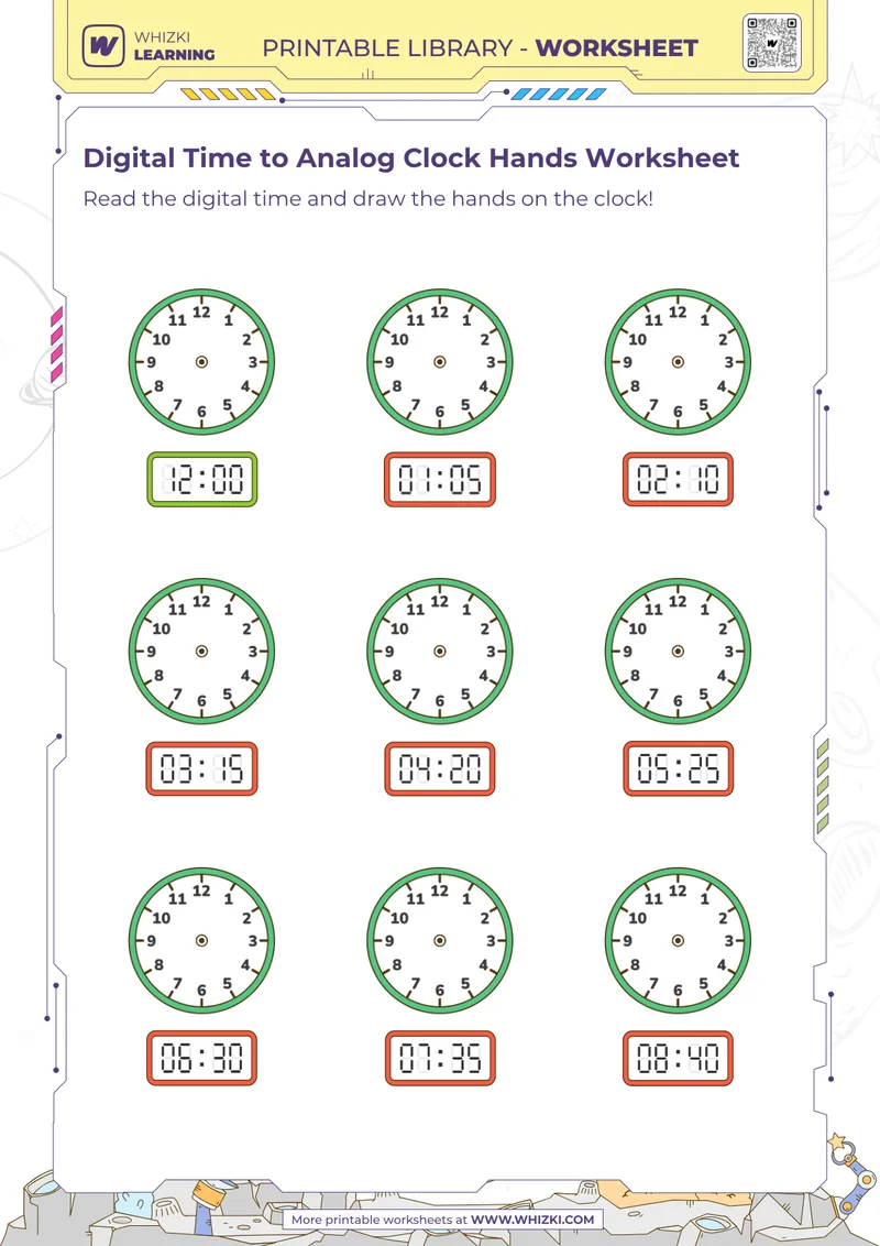 Digital Time to Analog Clock Hands Worksheet
