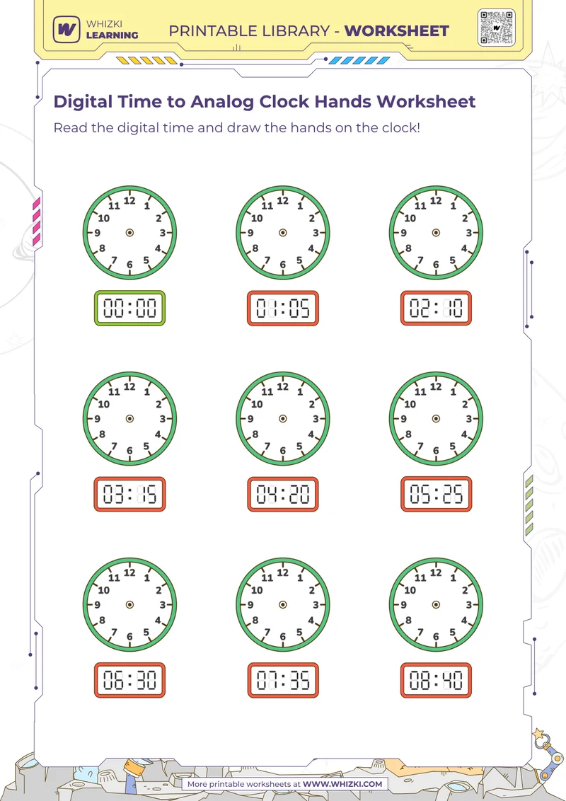 Digital Time to Analog Clock Hands Worksheet