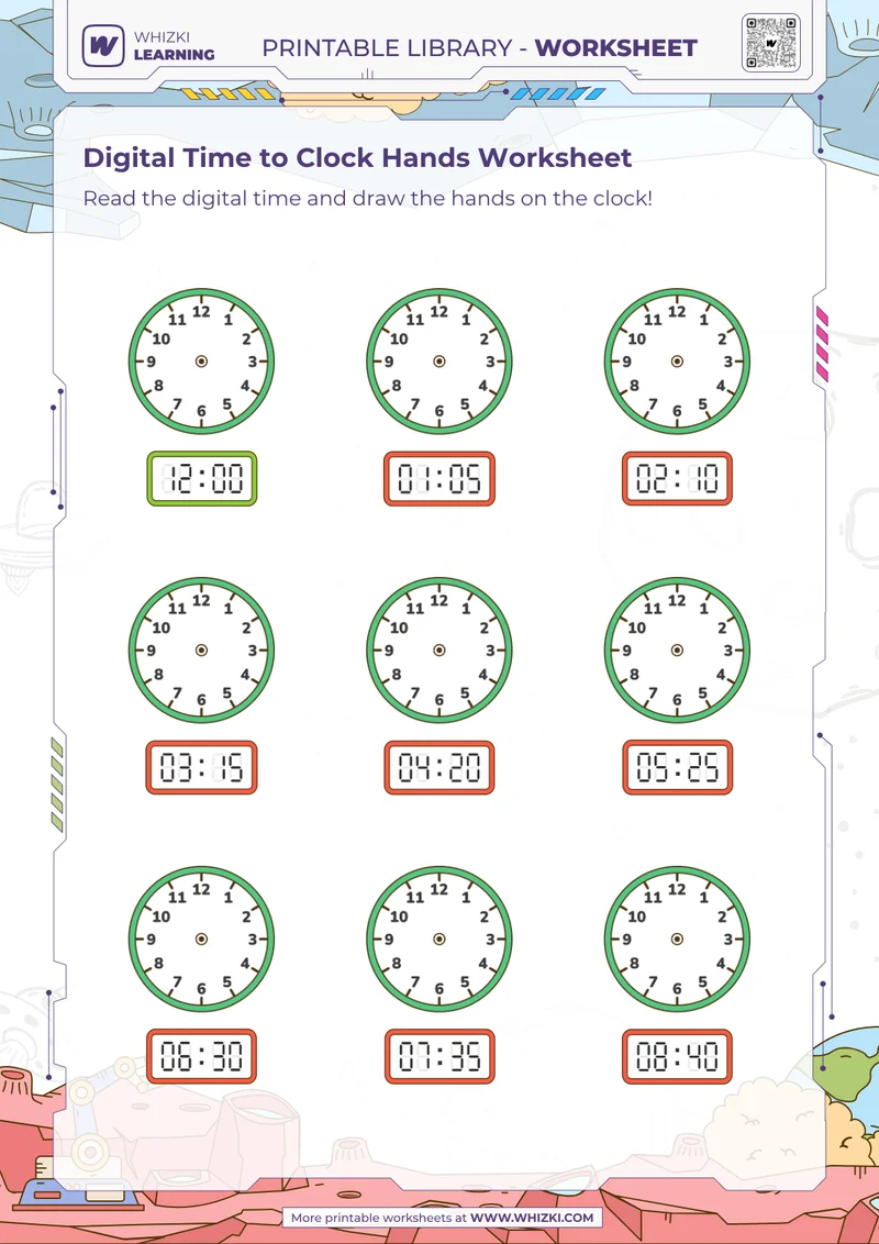 Digital Time to Clock Hands Worksheet