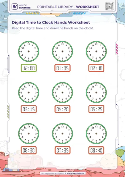 Digital Time to Clock Hands Worksheet