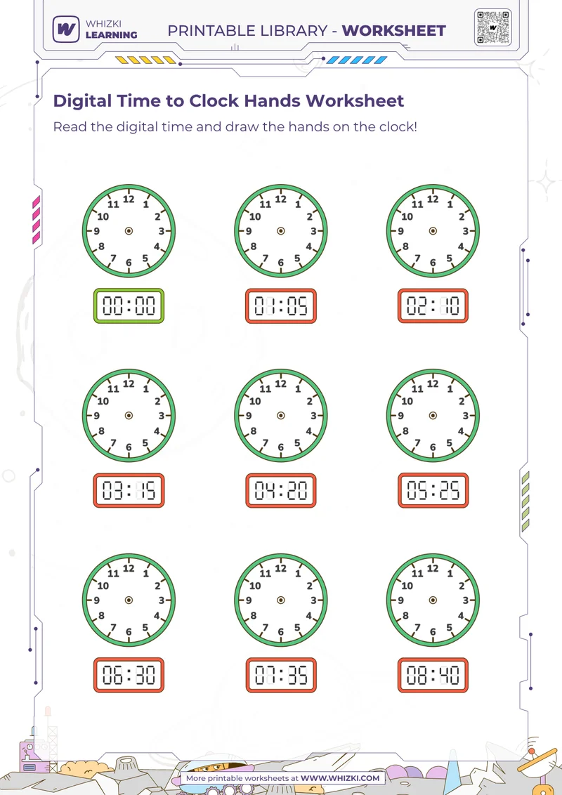 Digital Time to Clock Hands Worksheet