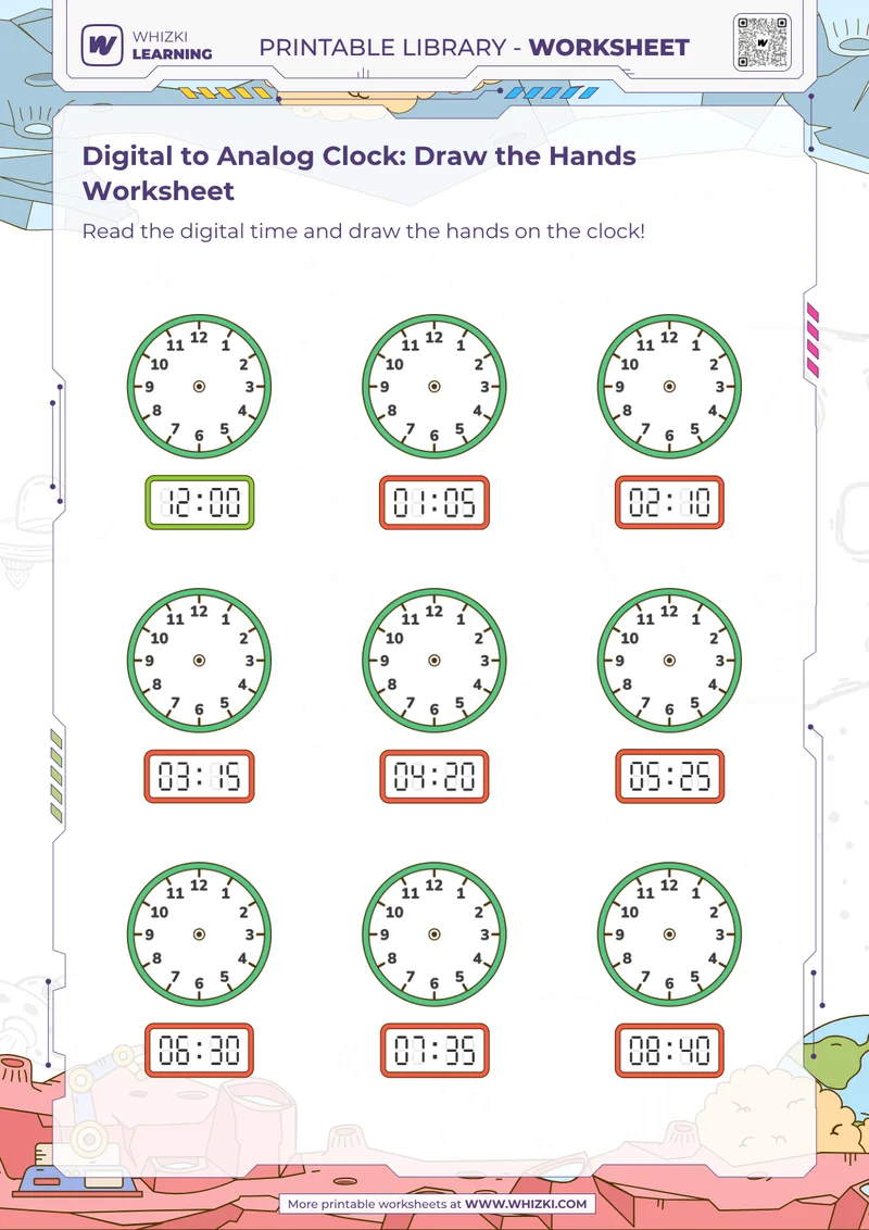 Digital to Analog Clock: Draw the Hands Worksheet