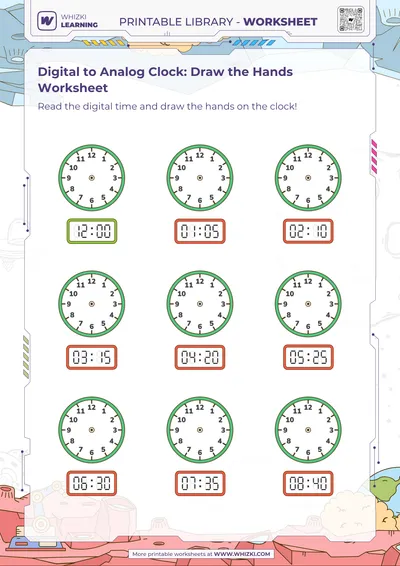 Digital to Analog Clock: Draw the Hands Worksheet