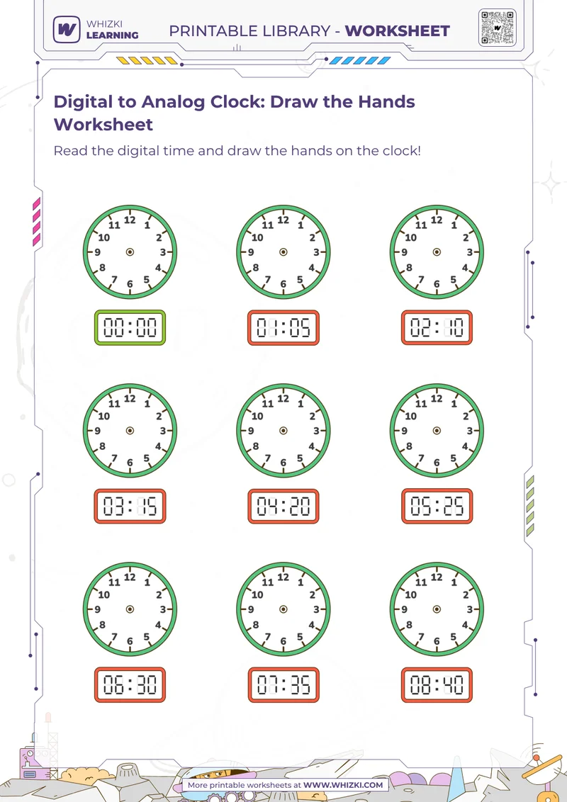Digital to Analog Clock: Draw the Hands Worksheet