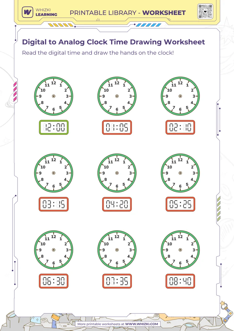 Digital to Analog Clock Time Drawing Worksheet