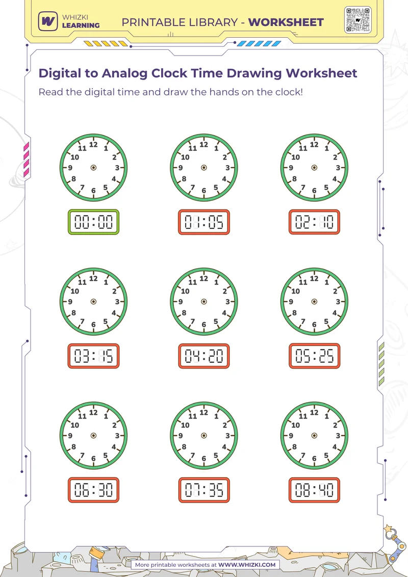 Digital to Analog Clock Time Drawing Worksheet
