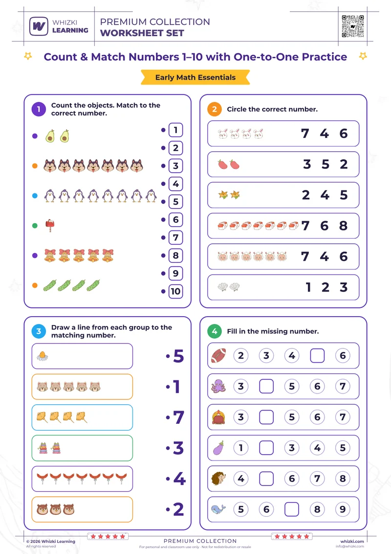 Count & Match Numbers 1–10 with One-to-One Practice