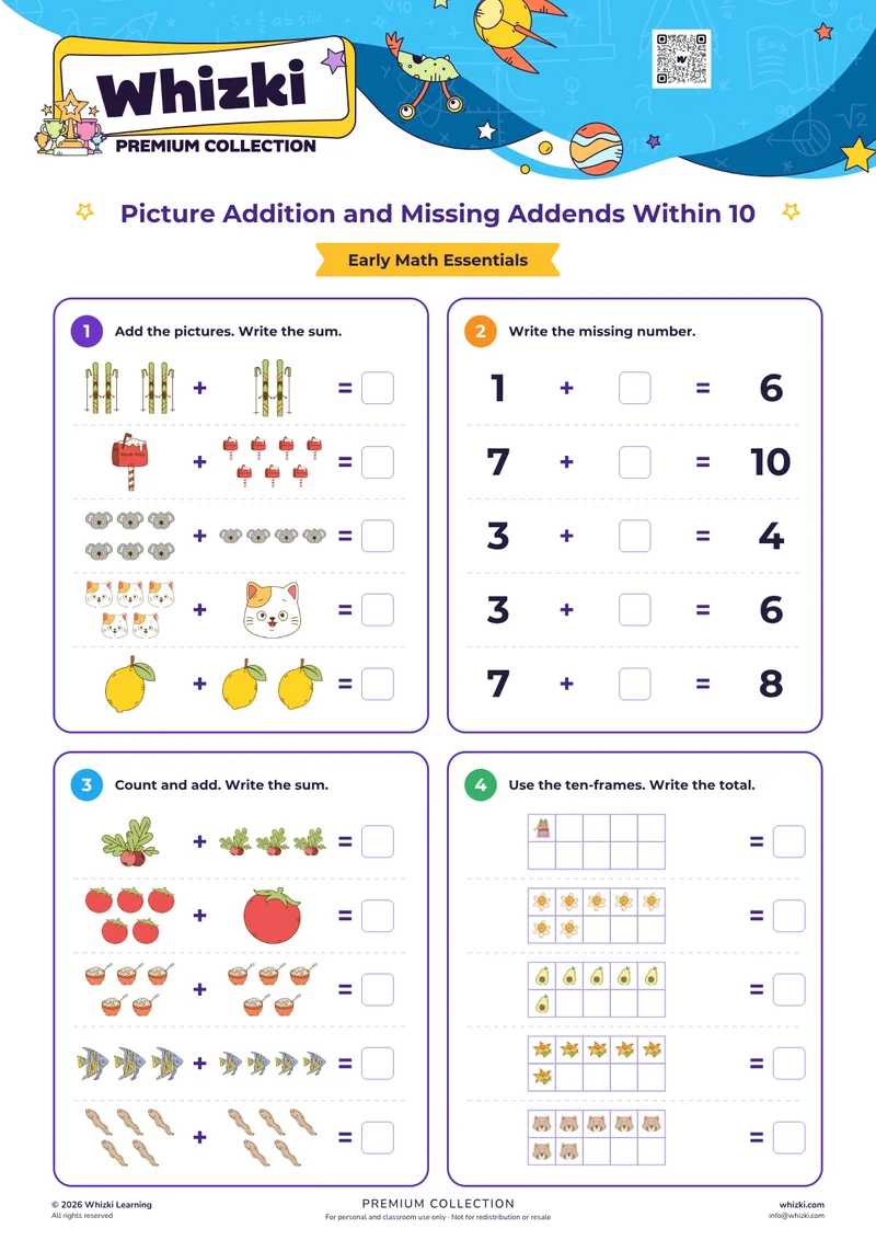 Picture Addition and Missing Addends Within 10