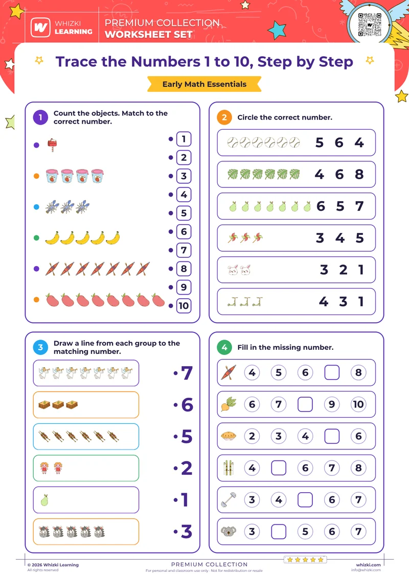 Trace the Numbers 1 to 10, Step by Step