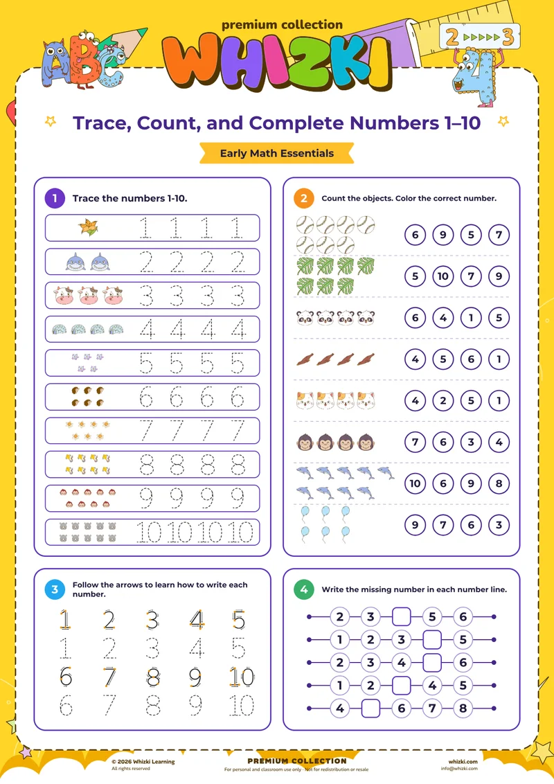 Trace, Count, and Complete Numbers 1–10