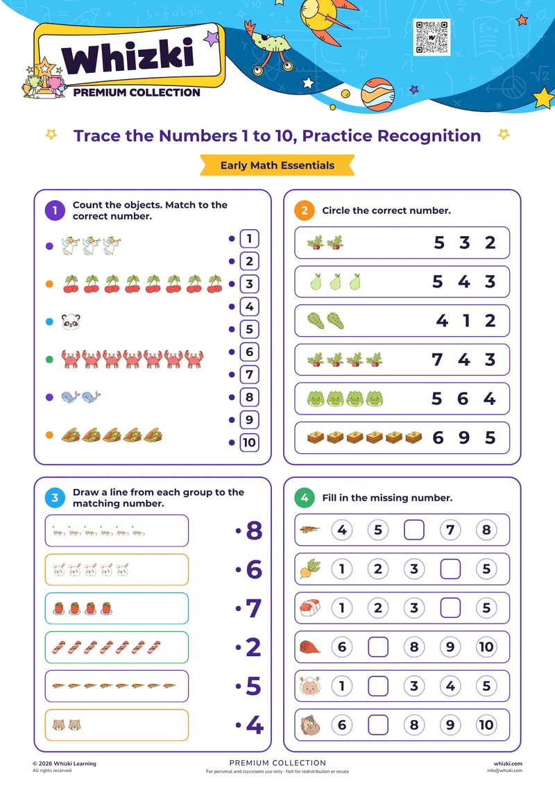 Trace the Numbers 1 to 10, Practice Recognition