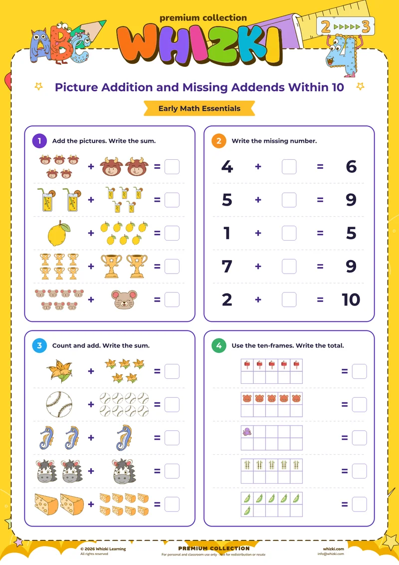 Picture Addition and Missing Addends Within 10