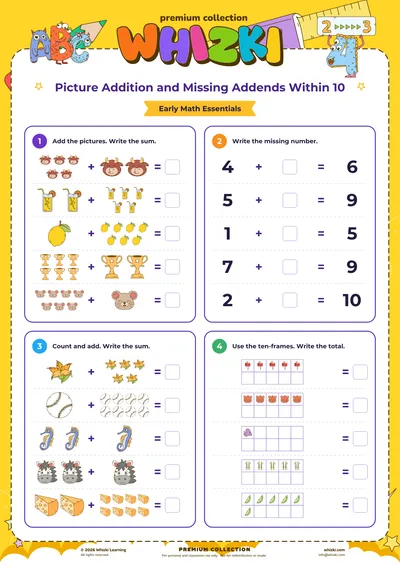 Picture Addition and Missing Addends Within 10