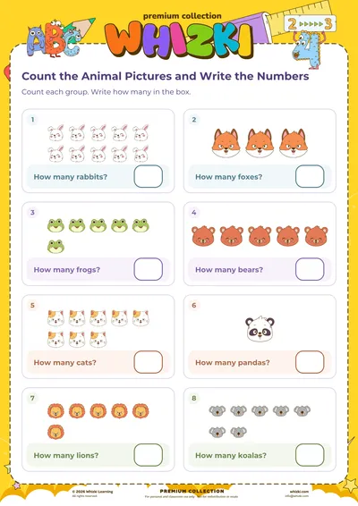 Count the Animal Pictures and Write the Numbers