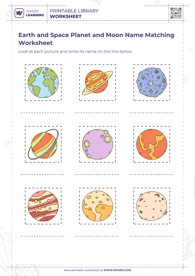 Earth and Space Planet and Moon Name Matching Worksheet