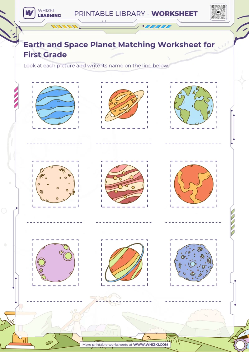 Earth and Space Planet Matching Worksheet for First Grade