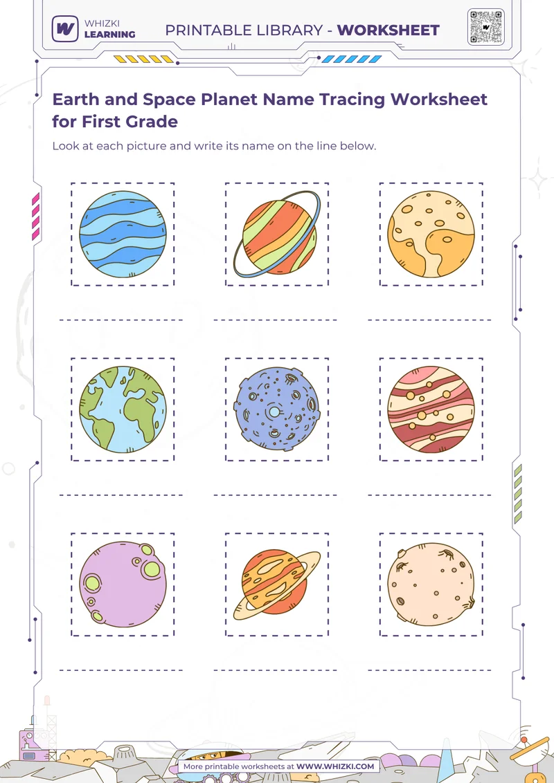 Earth and Space Planet Name Tracing Worksheet for First Grade